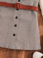 Girl's 2pcs Ribbed Top & Houndstooth Dress Set