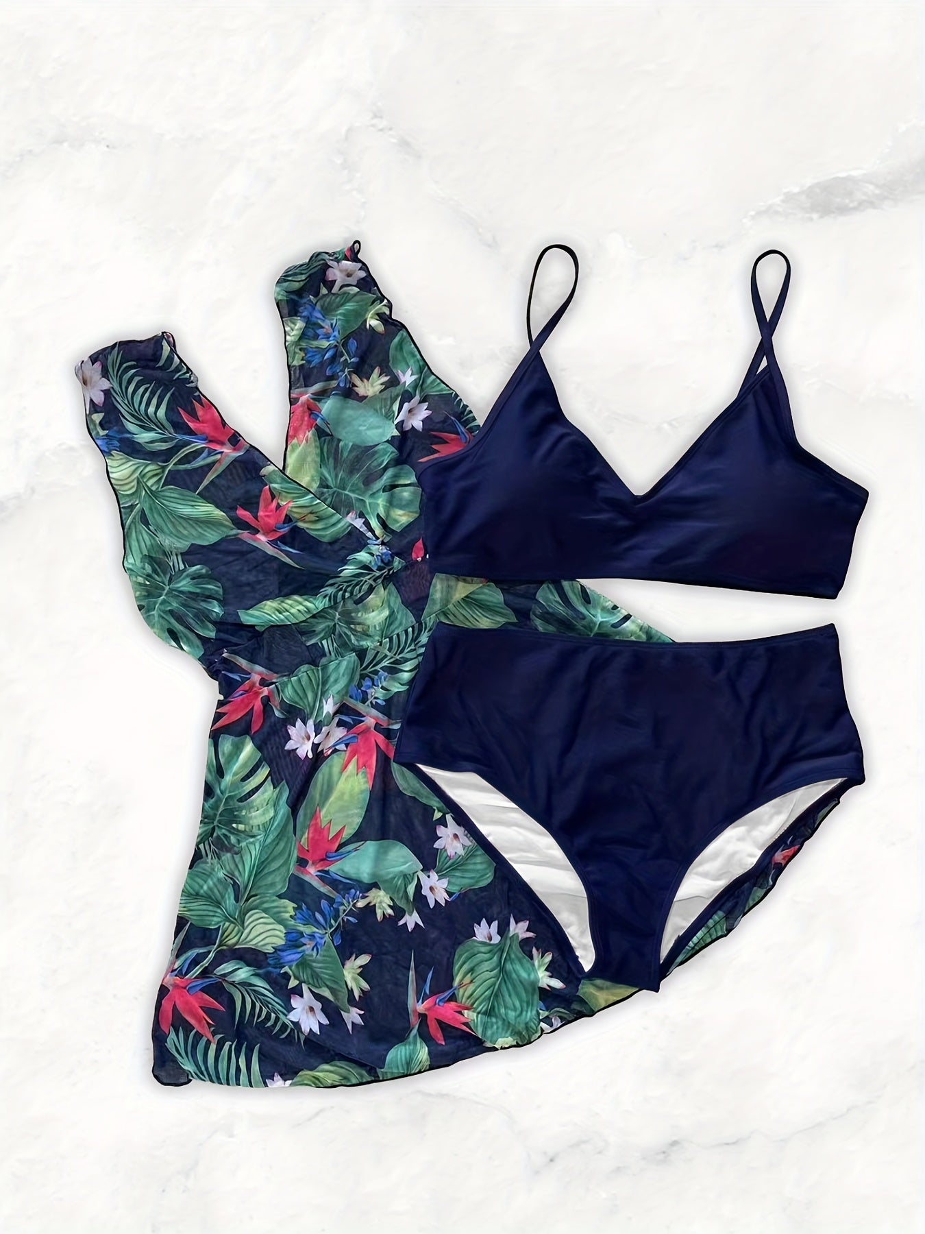 Tropical Print Mesh Top & Bra & Panties Swimsuit Set
