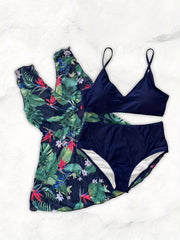 Tropical Print Mesh Top & Bra & Panties Swimsuit Set