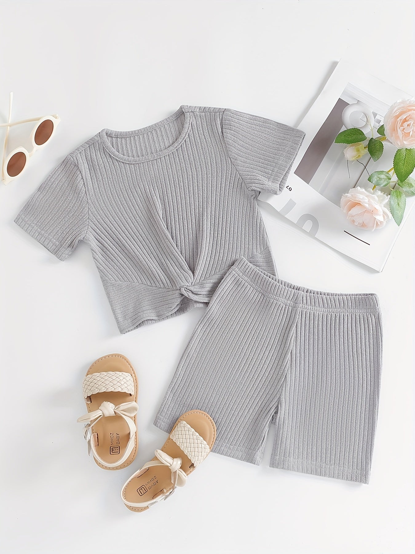 2pcs Toddler Girls Ribbed Knit T Shirt Top & Biker Shorts Set