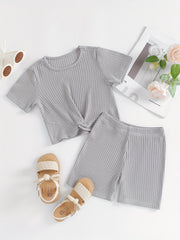 2pcs Toddler Girls Ribbed Knit T Shirt Top & Biker Shorts Set