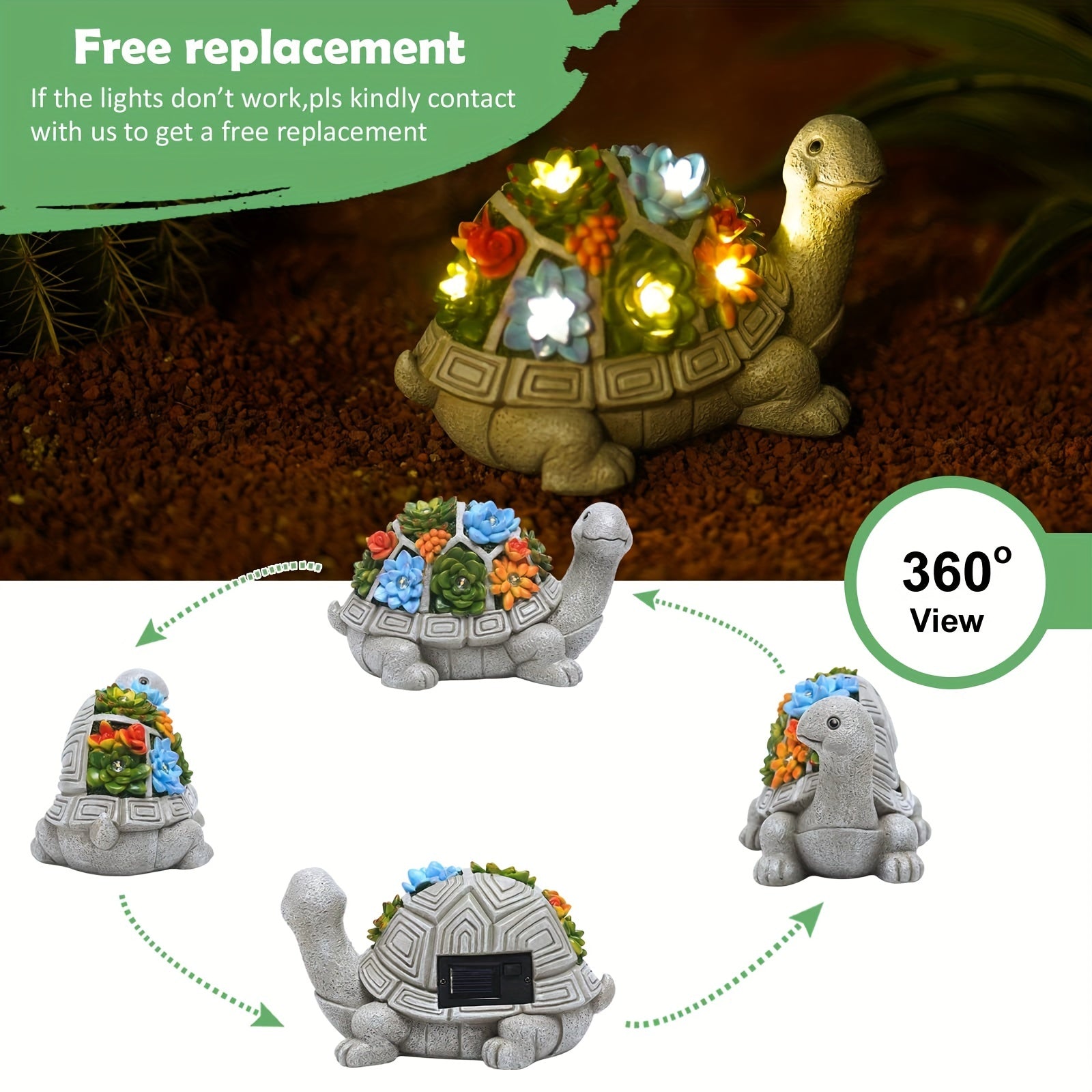 Solar Turtle Succulent Statue with 7 LED Lights for Outdoor Decor