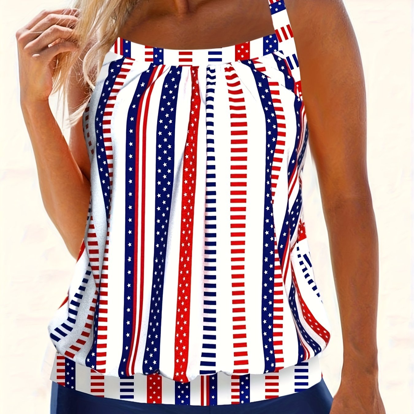 Modest Tankini Set Star Striped Print Cami Top & Shorts Swimsuit