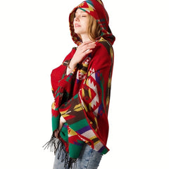 Boho Hoodie Tassel Shawl Geometric Pattern Scarf