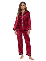 Satin Pajama Set Long Sleeve Button Up Top & Elastic Waistband Pants