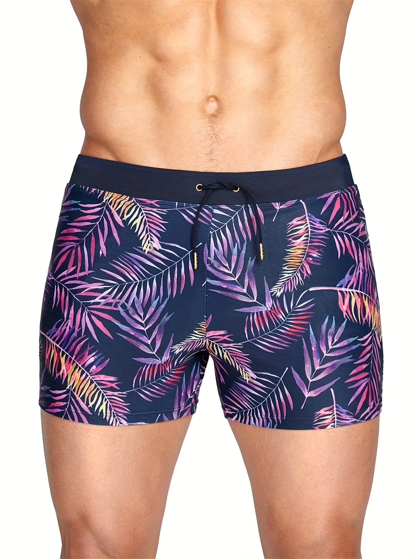 Leaves Print Quick drying Drawstring Men's Swim Trunks