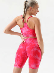 2pcs Tie Dye Workout Sets Spaghetti Straps Sports Bras & High Waist Biker Shorts