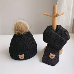Kids Bear Woolen Hat Scarf Set Winter Warm Plus Velvet