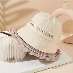 Boho Beige Cotton Bucket Hat Tassel Decor Basin Hat