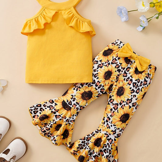 2pc Toddler Girls Ruffle Halter Tops & Sunflower Leopard Pants Set