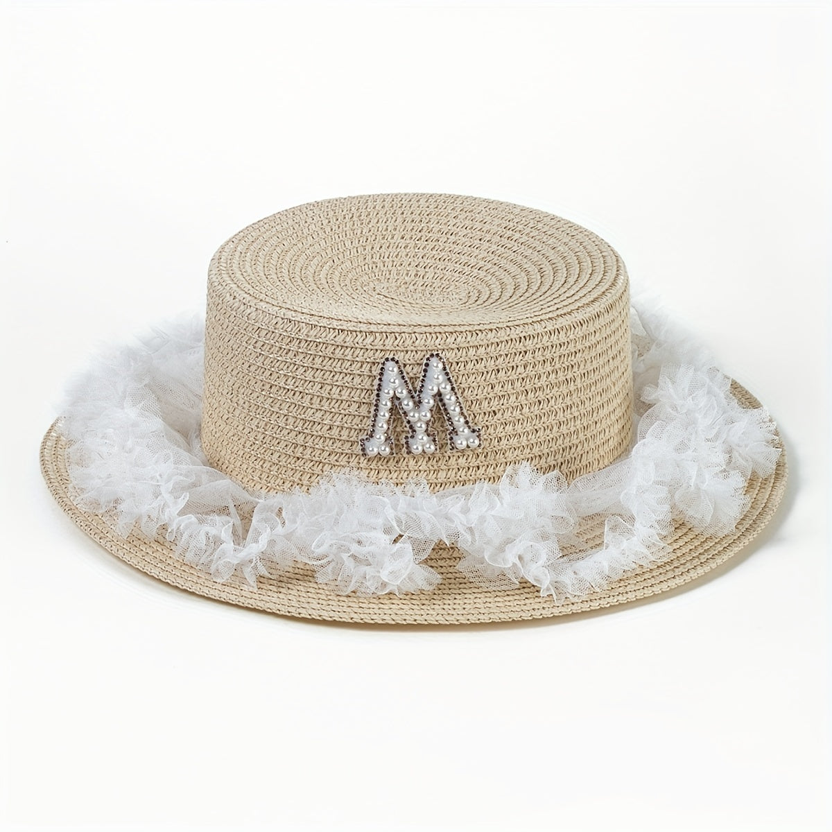 Khaki Lace Sun Hat with Faux Pearl M Detail
