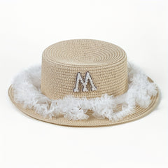 Khaki Lace Sun Hat with Faux Pearl M Detail