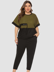 Colorblock Short Sleeve Tee & Cropped Pants Set Plus Size
