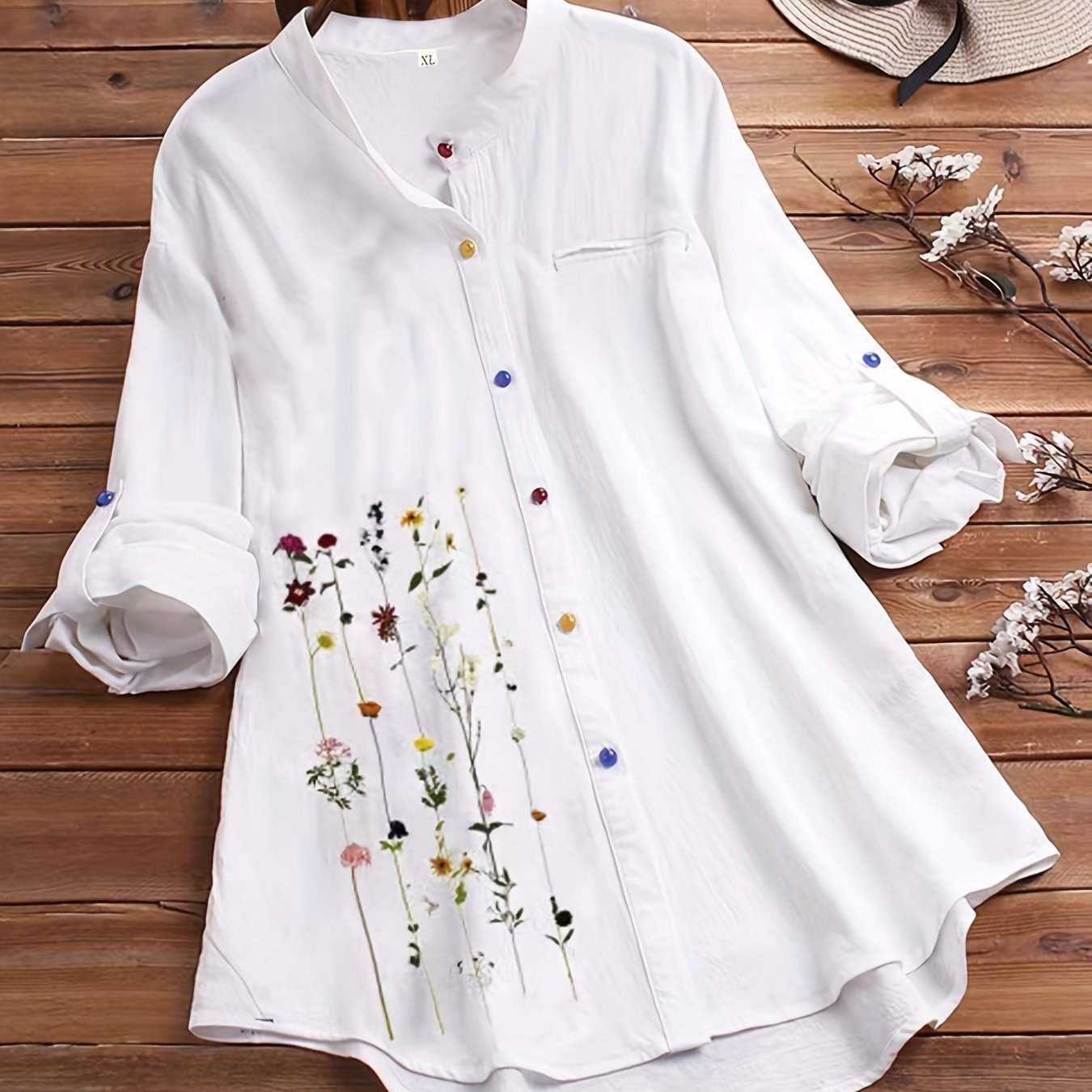 Floral Print Button Up Stand Collar Blouse