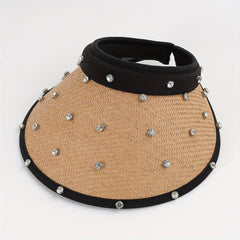 Straw Sun Hat with Faux Pearl Decor Wide Brim UV Protection