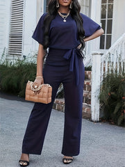 Keyhole Jumpsuit Crew Neck Short Sleeve Wide Leg Jumpsuit