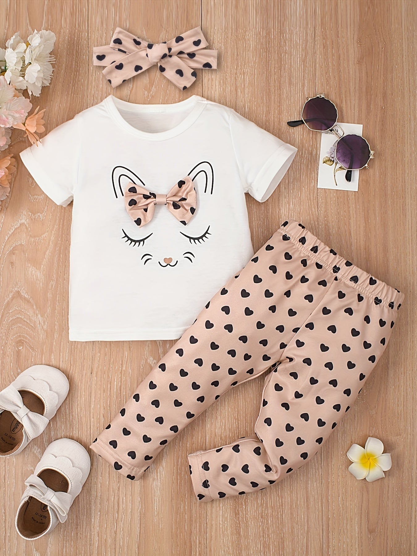 3pcs Baby Girls Cat Bowknot T shirt & Pants Set with Headband