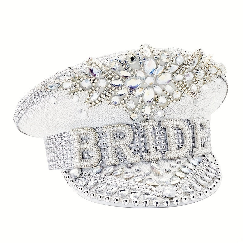 Sparkly Bride Hat Rhinestone Sequin Captain Cap