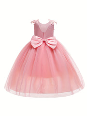Girls Pearl Embroidered Mesh Bow Princess Party Dress