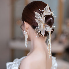 Faux Pearl Tassel Hairclip Earrings Set Wedding Party Decor