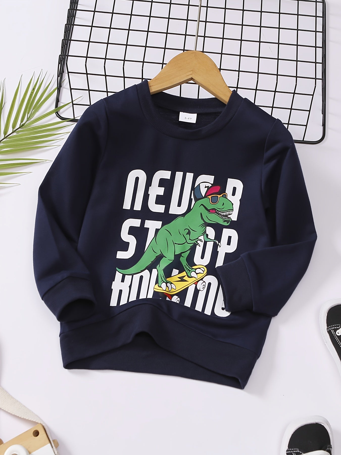 Dino Skater Print Boys Sweatshirt Crew Neck Top