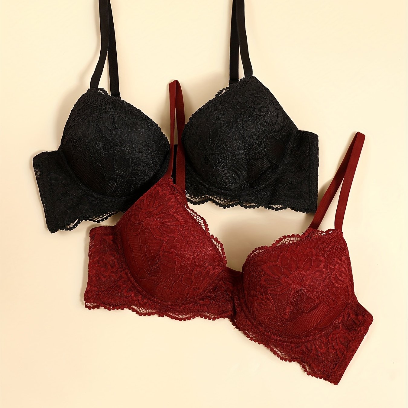 2pcs Lace Push Up Bras with Scallop Trim