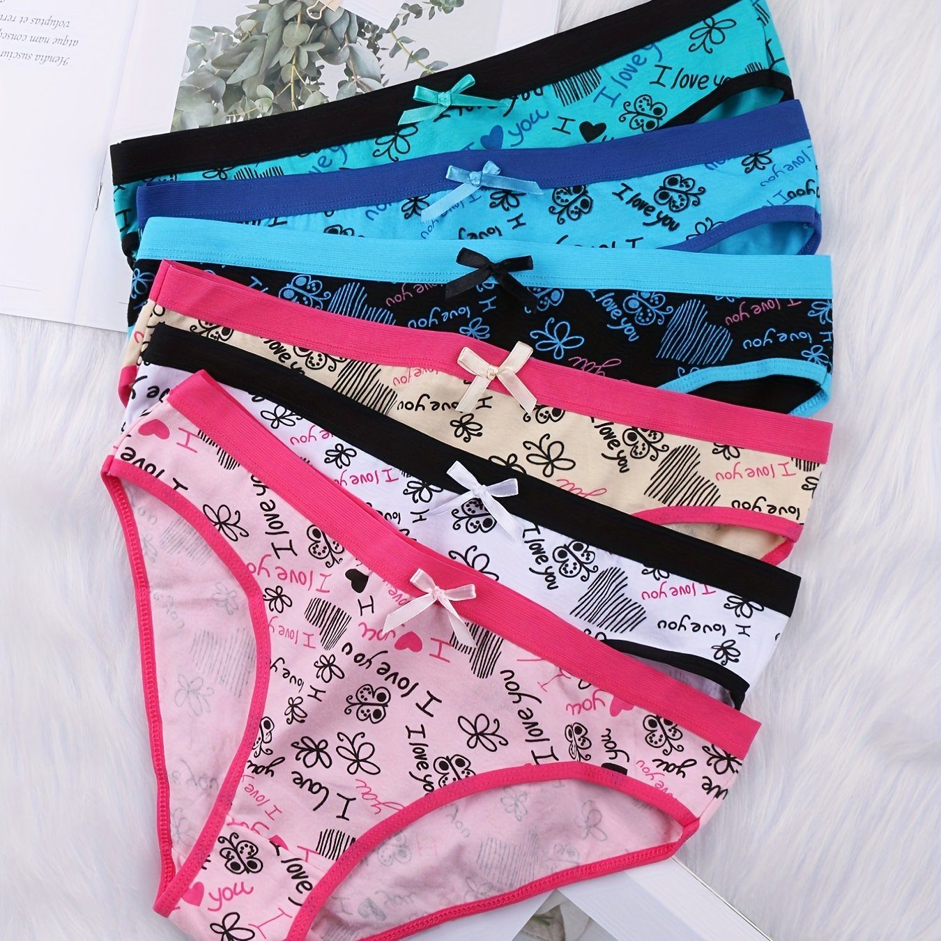 6 Pack Plus Size Panties Set Women's Plus Butterfly & Heart Print Briefs