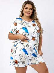 Women's Plus Abstract Face Print Short Sleeve Top & Shorts Pajamas Set