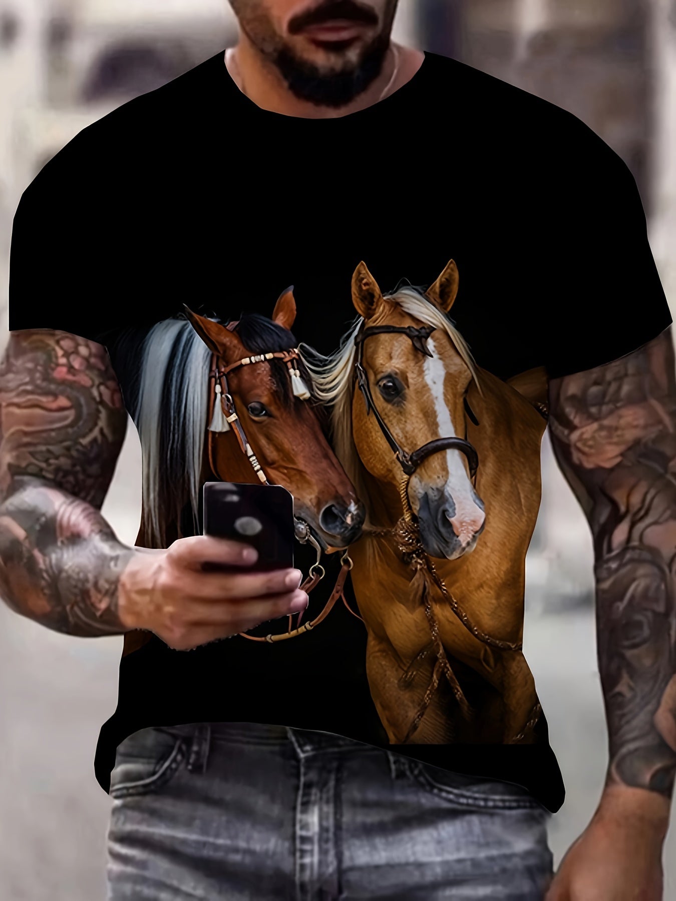 Men's Horse Pattern T-shirt - Casual Street Style Tee
