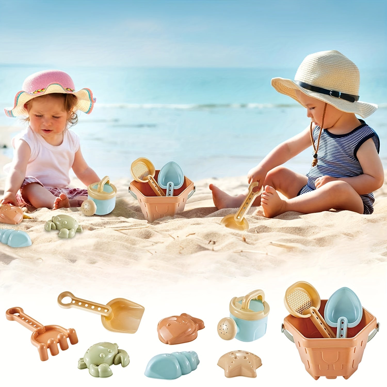 10pcs Beach Toys Set for Kids Outdoor Fun Engineering Vehicle Shovel Hourglass