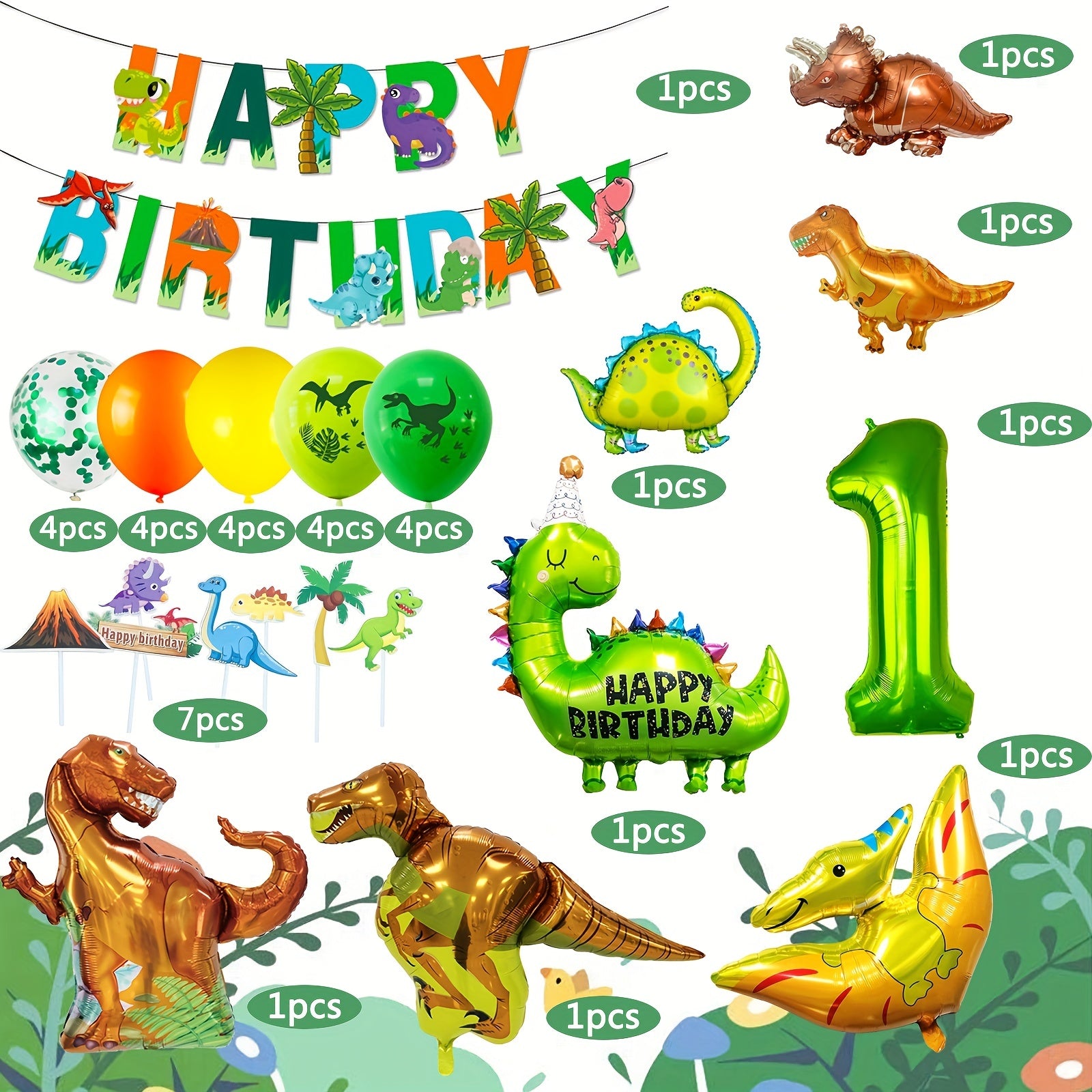Dino 1-5 Birthday Decor Set: Foil Balloons, Green Balloons, Photo