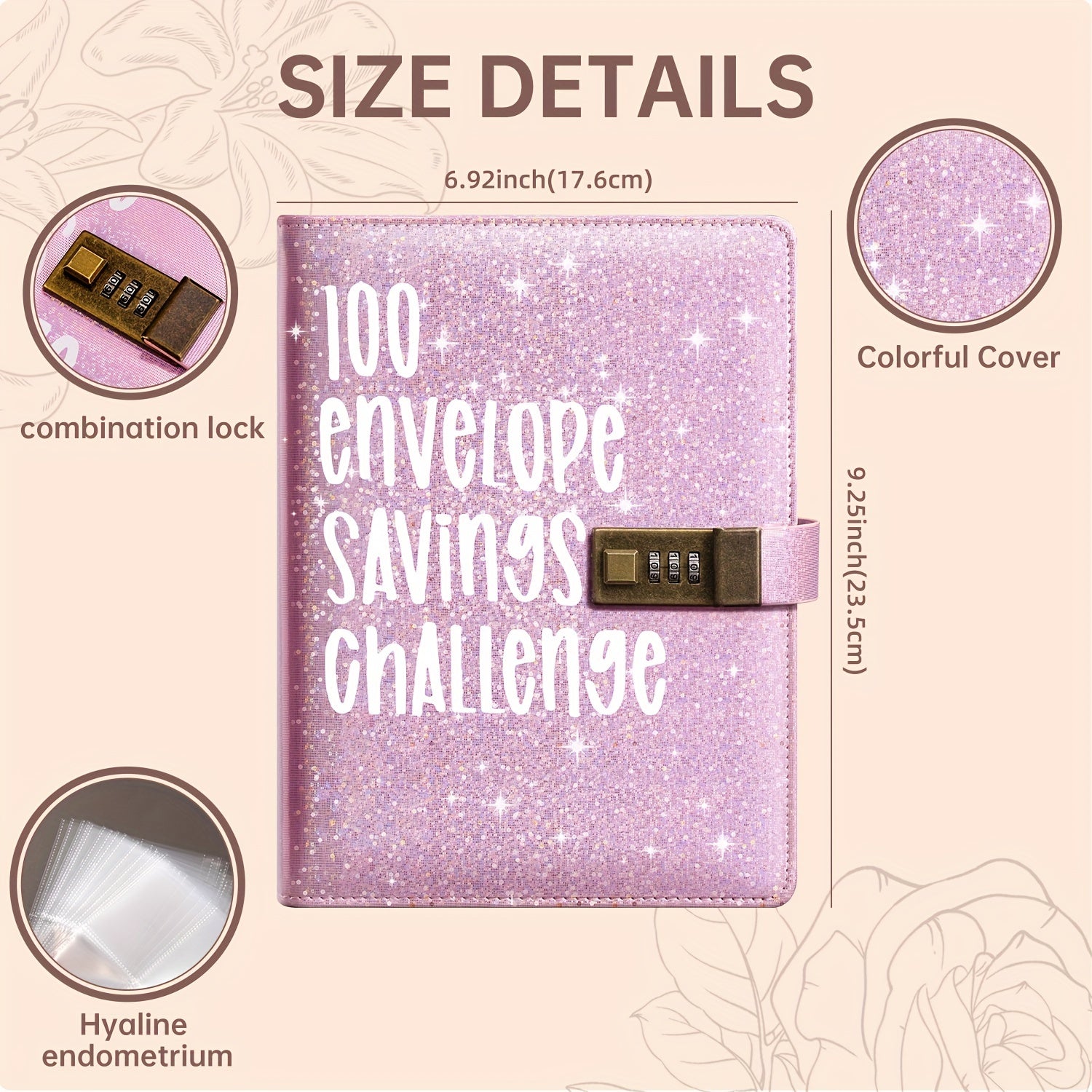 100 Envelopes Money-Saving Challenge Binder with Lock and Shining Cover