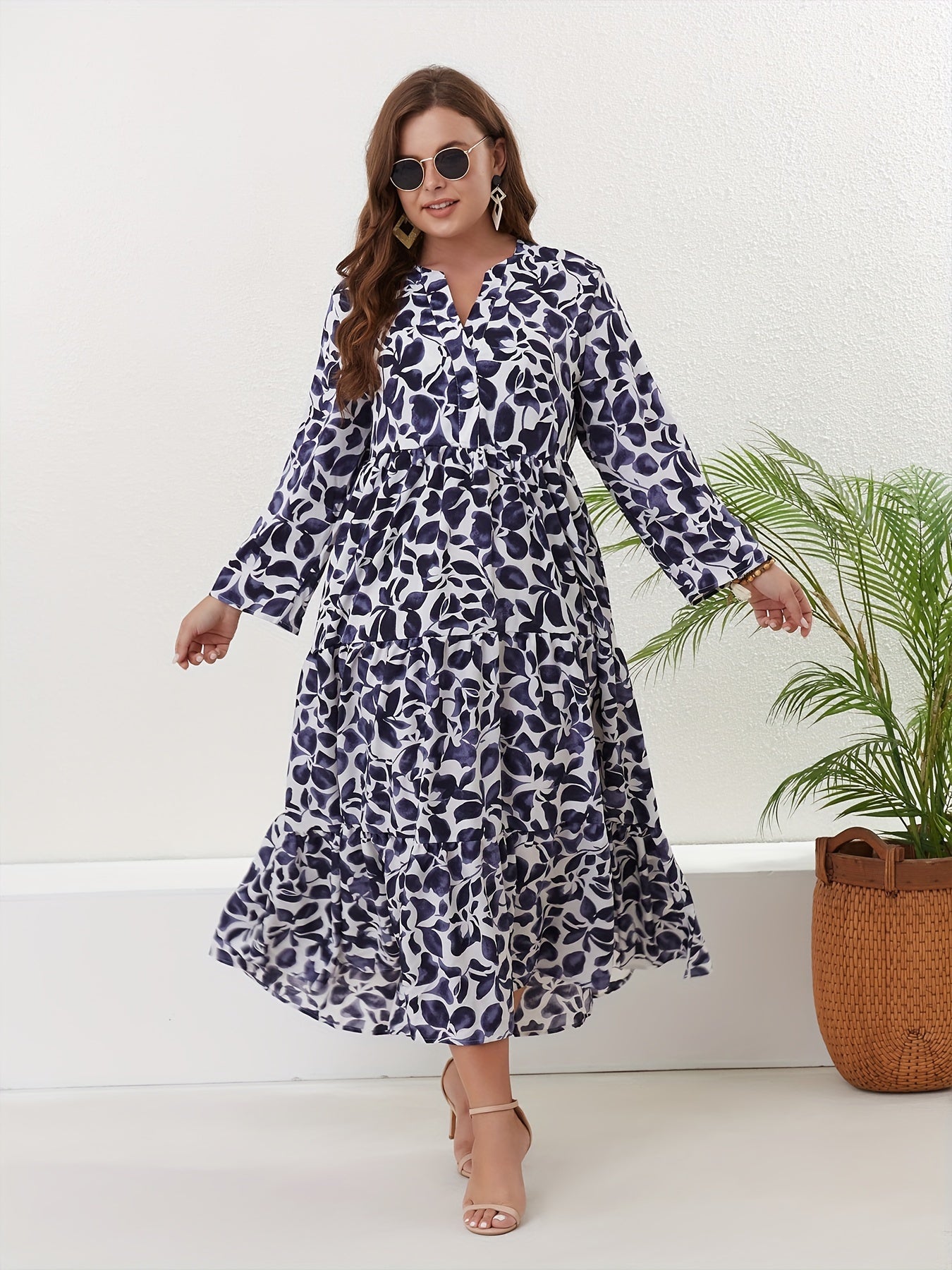 Floral Print Long Sleeve Smock Maxi Dress