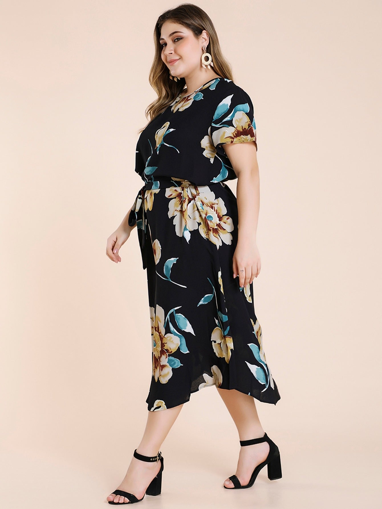 Floral Print Maxi Dress Plus Size Women's Short Sleeve Long Dress