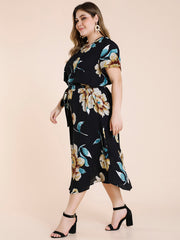 Floral Print Maxi Dress Plus Size Women's Short Sleeve Long Dress