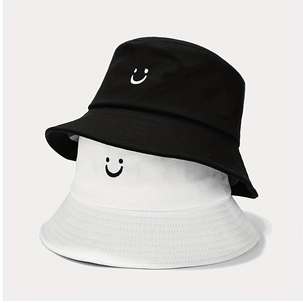 Smiling Face Embroidery Bucket Hat Lightweight Sunscreen Travel Beach Hats