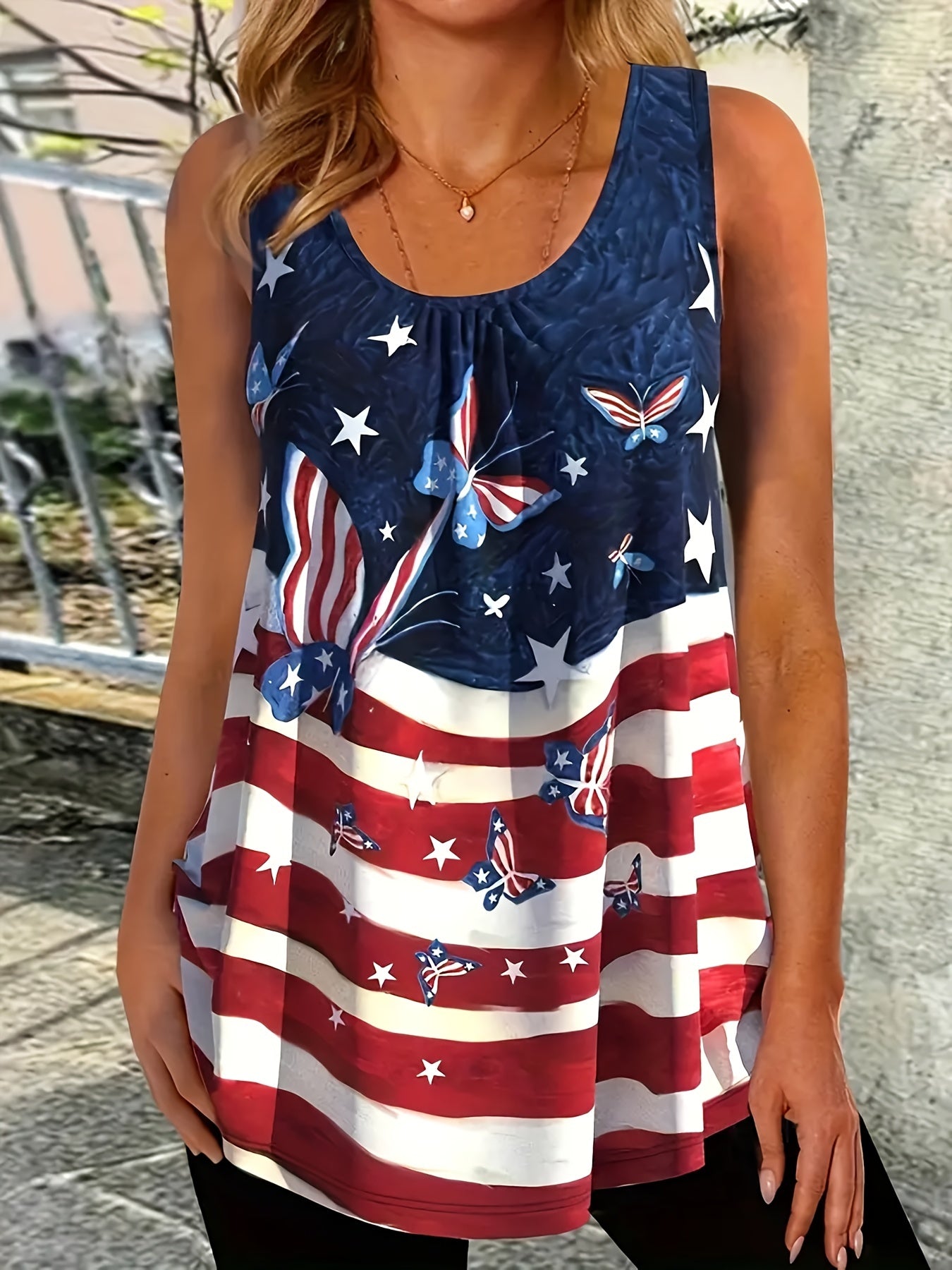 American Flag & Butterfly Print Tank Top