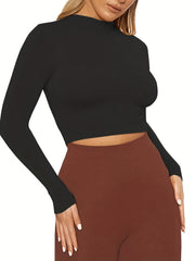 Solid Long Sleeve Sports Cropped Top Round Neck T-shirt Women's Tops