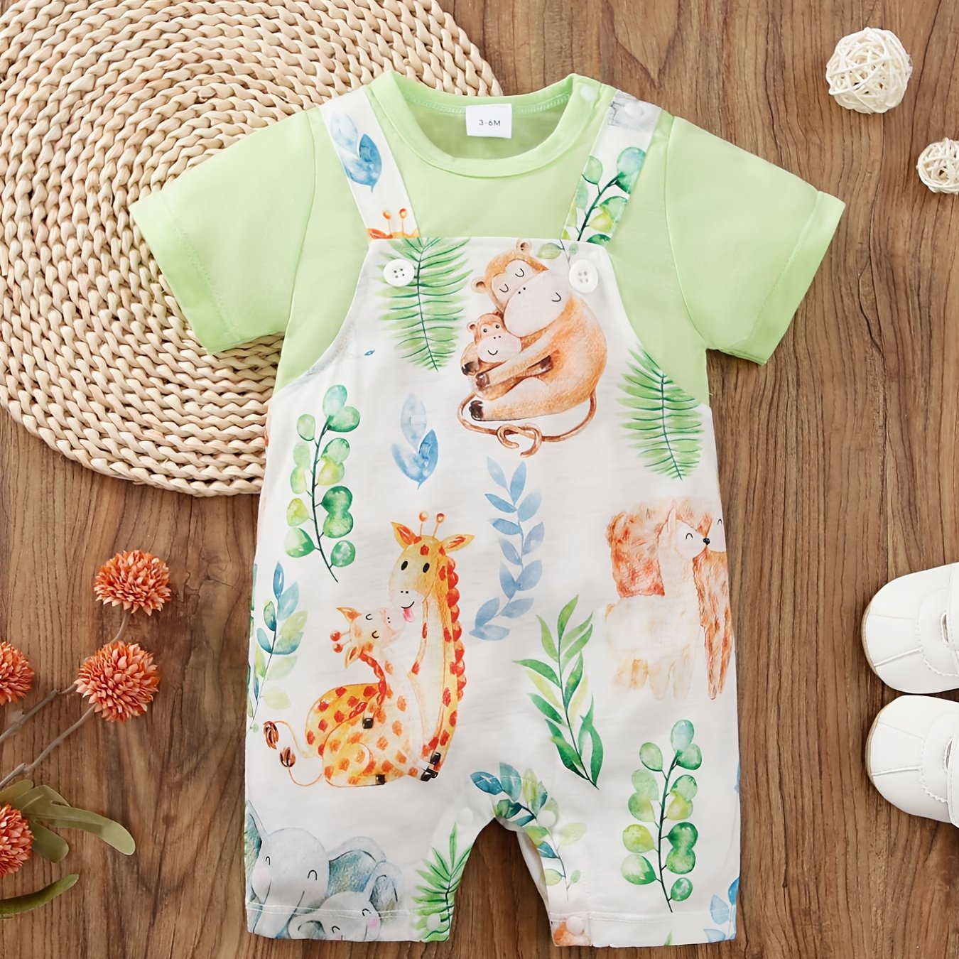 Newborn Infant Suspender Splicing Romper Cartoon Animals Graphic Short Sleeve