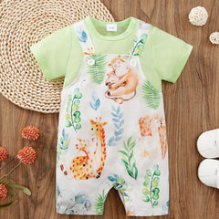 Newborn Infant Suspender Splicing Romper Cartoon Animals Graphic Short Sleeve