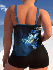 Tankini Set Glitter Butterfly Print Cami Top & Boxer Briefs Swimsuit