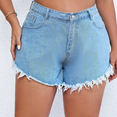 High Rise Fringe Trim Denim Shorts