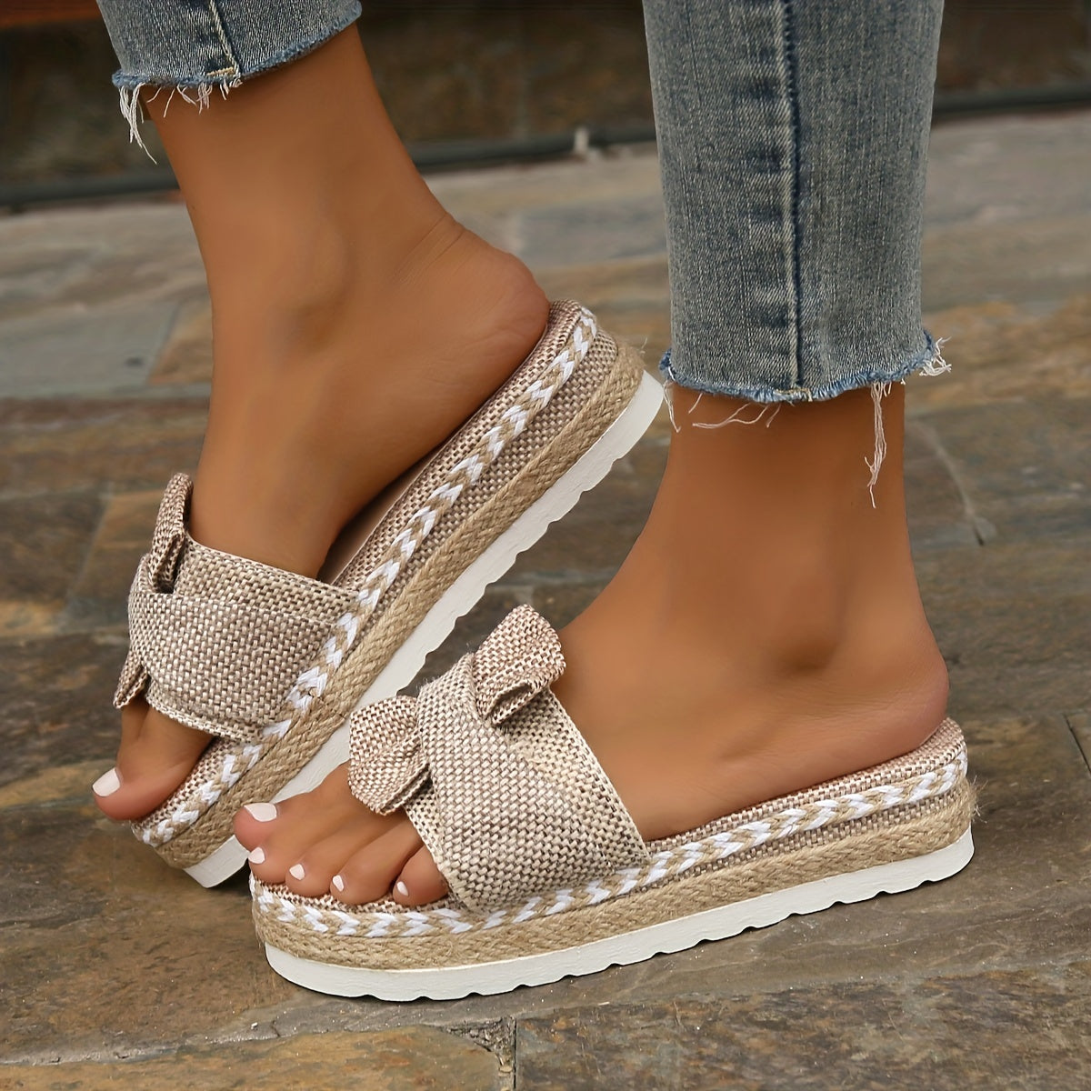 Women's Bowknot Decor Sandals Slip On Open Toe Non slip Thick Bottom Slides