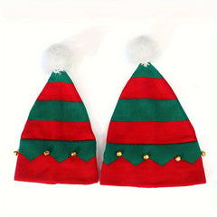 Christmas Knitted Elf Hat With Small Bells Striped Beanie Hat