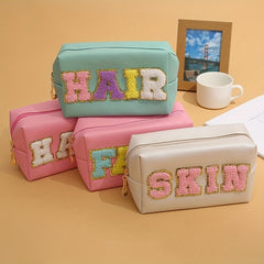 Chenille Letter Preppy Patch Makeup Bag Waterproof PU Leather Cosmetic Bag