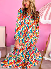 Women's Plus Geometric Print Long Sleeve V Neck Maxi Dress