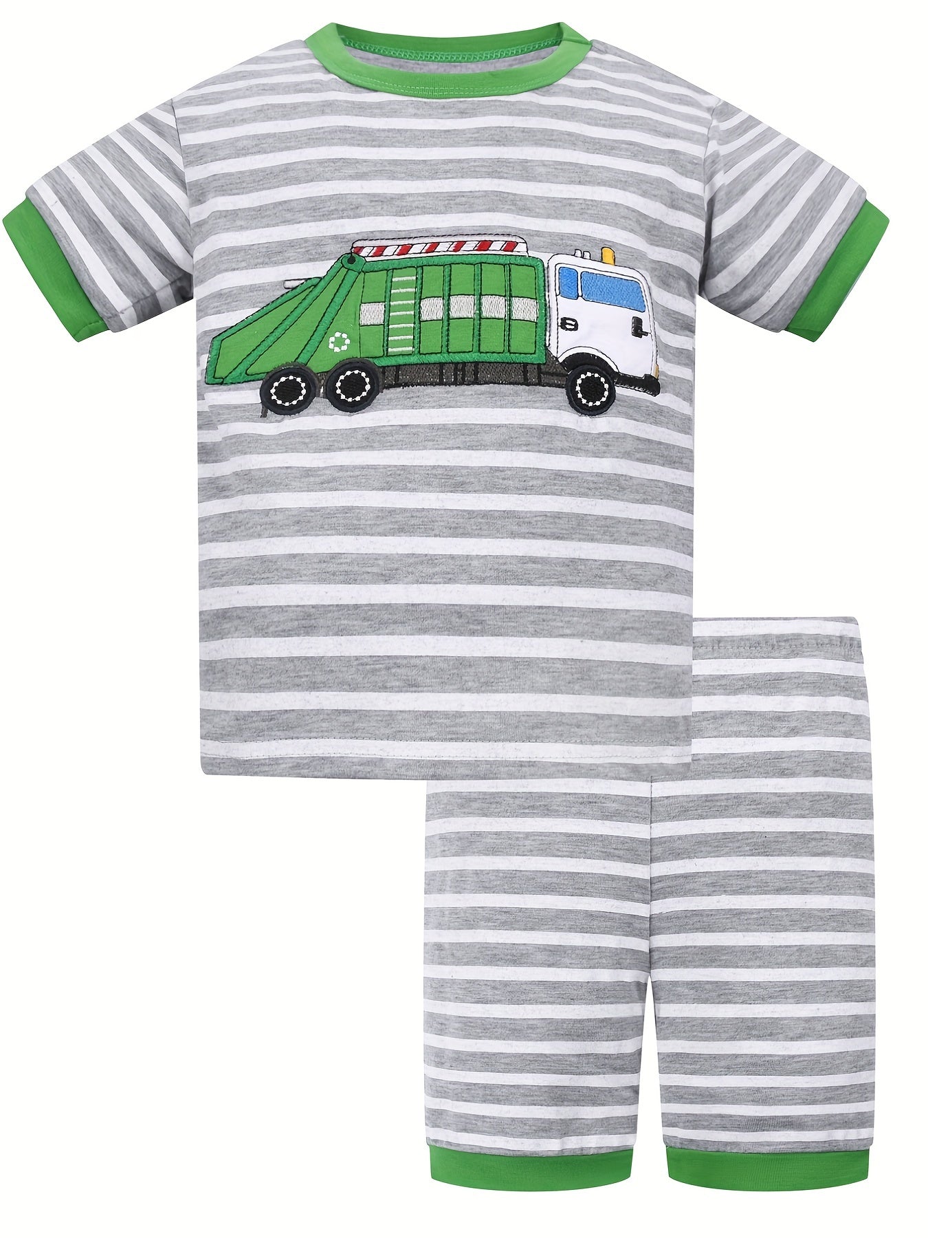 Boys Garbage Truck Print Striped Pajamas Set