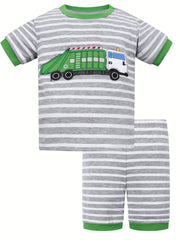 Boys Garbage Truck Print Striped Pajamas Set