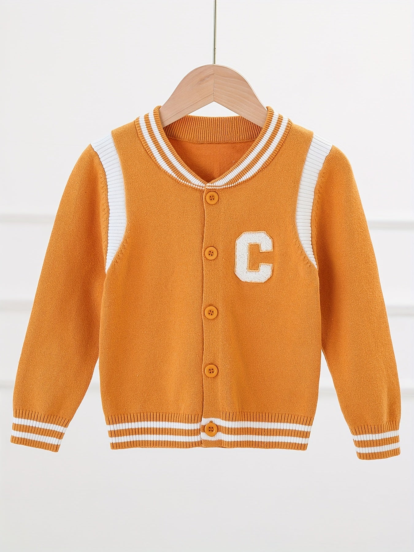 Boys Letter Embroidered Cardigan Sweater Crew Neck Tops