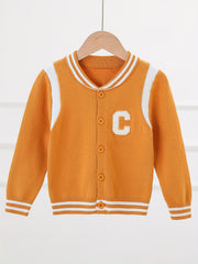 Boys Letter Embroidered Cardigan Sweater Crew Neck Tops